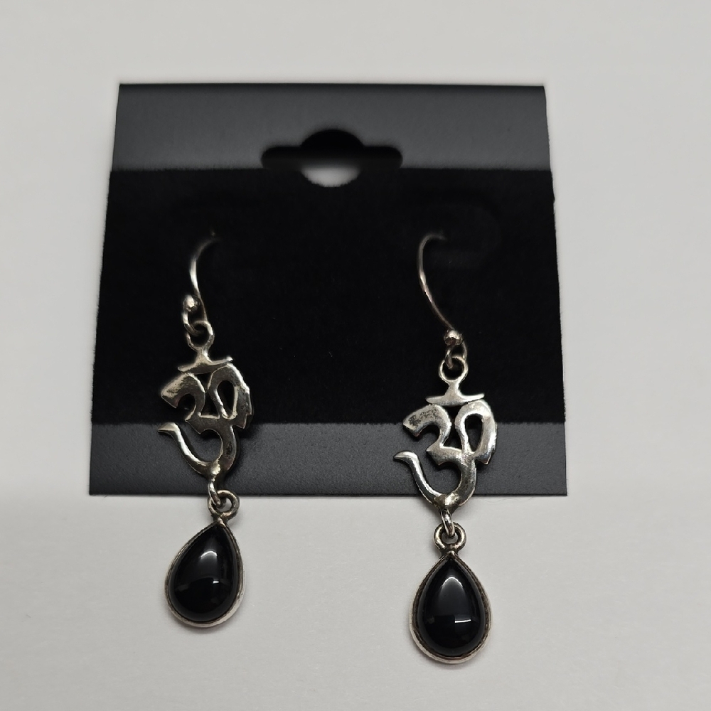 Sterling Silver And Onyx Om Earrings